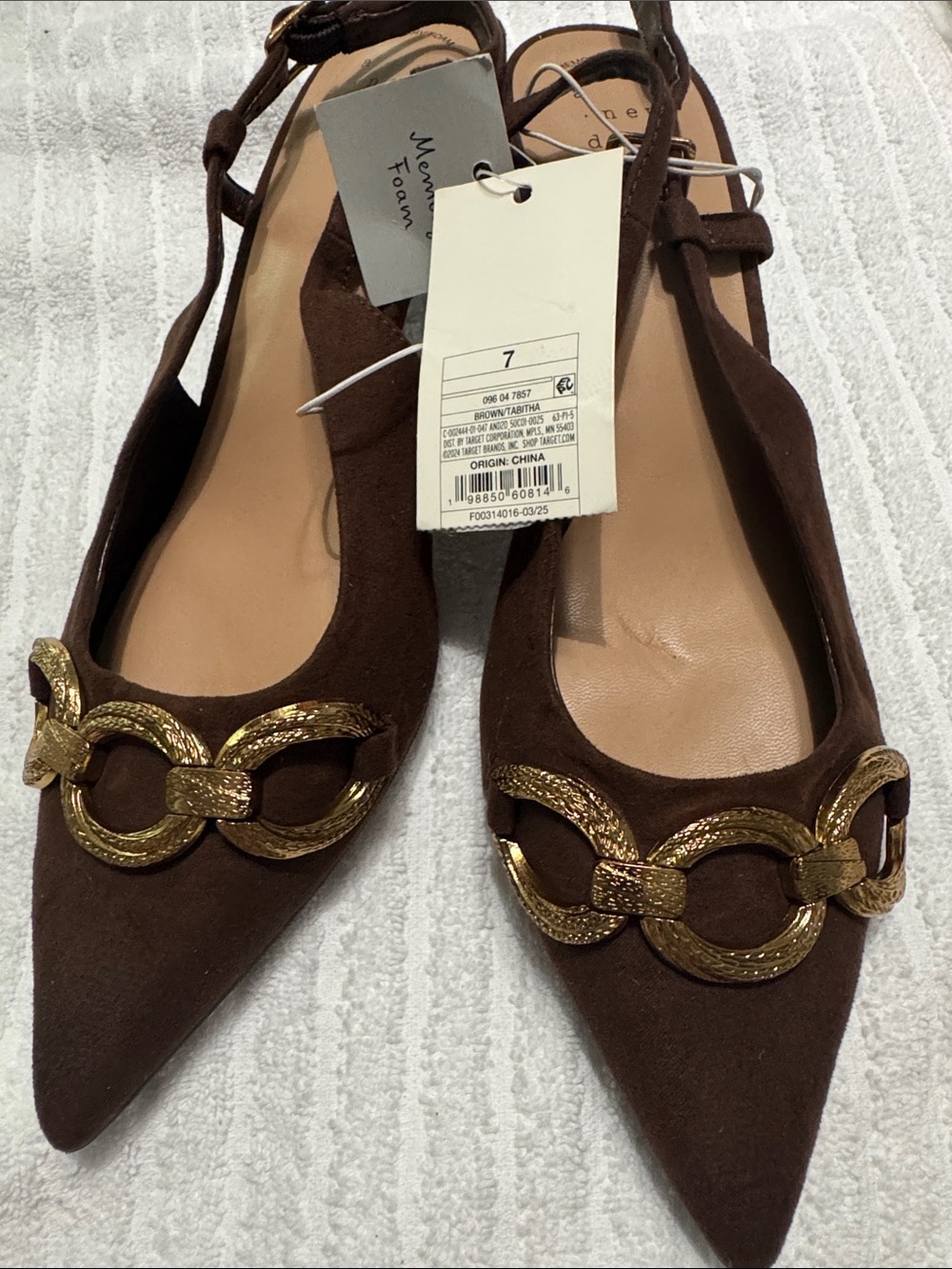 Women's Brown Pointed Toe Slingback Flats with Gold Chain Accent by A New Day 🎯